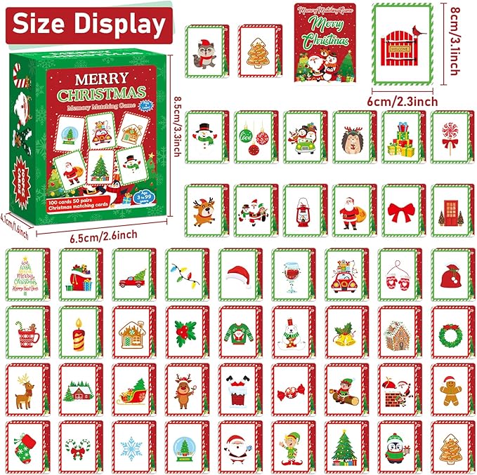 gisgfim 50 Pairs Memory Matching Game Merry Christmas Concentration Memory Games for Kids Educational Ages 3-8 A Fun & Fast Christmas Winter Theme Memory Matching Games