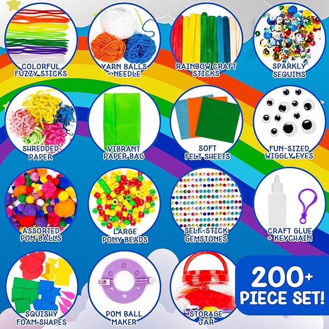 Made By Me! Ultimate Jar of Crafts, 200+ Piece Rainbow Craft Supply Bundle, Craft Supplies Starter Kit, Great Arts & Crafts Kit for Travel and On-The-Go, Perfect for Kids and Adults Ages 6+