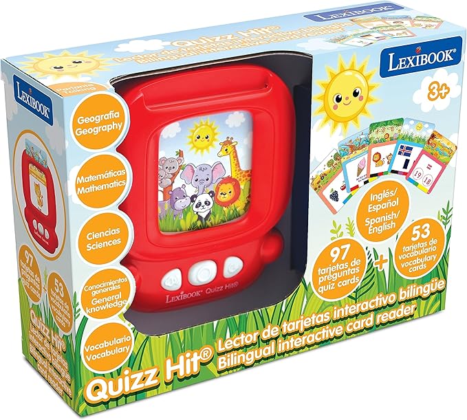LEXiBOOK, Bilingual Interactive Card Reader, Spanish/English, 150 Double Sided Cards, Educational Quiz & flashcard Machine, Red, JCR10i2