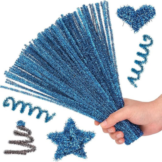 Hssugi Pipe Cleaners, 100PCS Christmas Pipe Cleaners Craft Supplies, Glitter Lake Blue Pipe Cleaners Bulk Fuzzy Sticks for DIY Art and Craft Projects Home Decoration