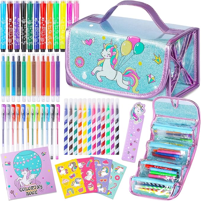 Washable Markers Set with Glitter Unicorn Pencil Case, Art Supplies for Kids Ages 4 5 6 7 8 Years Old, Arts Crafts Coloring Set with Crayon Pencil Gel Pen, Unicorn Toy Birthday Gift for Girls 4-6-8-10