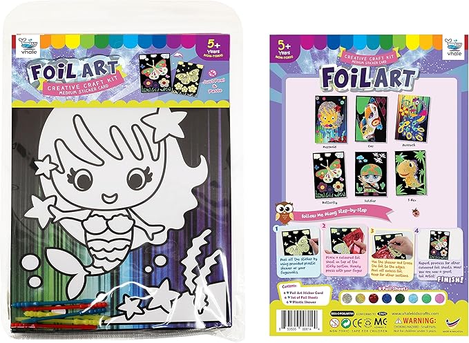 VHALE Foil Art Craft Kit 6 Pack Sticker Picture (9.5 x 6.5 inch), 48 Foil Sheets and 6 Skewers, Peel and Paste Sparkly Foil Art, Classroom Arts and Crafts, Great Travel Toys, Kids Party Favors