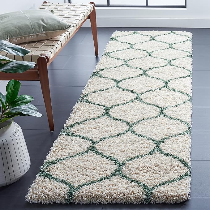 SAFAVIEH Hudson Shag Collection Runner Rug - 2'3" x 8', Ivory & Green, Modern Ogee Trellis Design, Non-Shedding & Easy Care, 2-inch Thick Ideal for High Traffic Areas in Living Room, Bedroom (SGH280H)