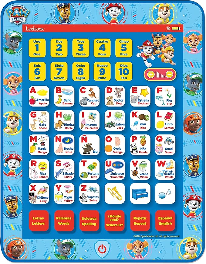 LEXiBOOK, Paw Patrol, Educational Bilingual English/Spanish Interactive Learning Tablet, Toy to Learn Alphabet, Letters, Numbers, Words, Spelling and Music, Blue, JCPAD002PAi2
