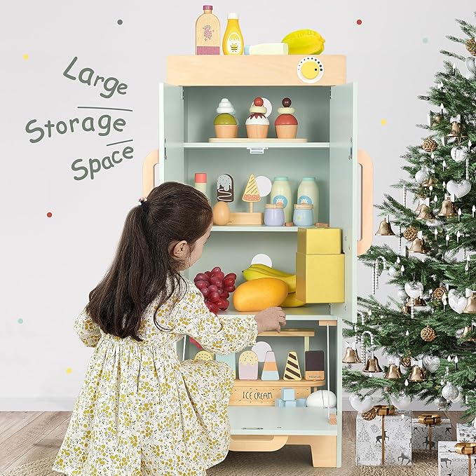 Wooden Play Kitchen Toy Fridge,Pretend Play Fridge with Ice Maker,Kids Refrigerator Freezer Set Kitchen Accessories,Toddler Play Kitchen for Boys & Girls Age 3+
