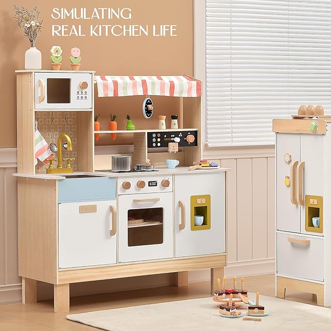 PairPear Play Kitchen for Kids, Wooden Toy Kitchen Set with Coffee Maker Ice Maker & Play Kitchen Accessories, Pretend Play Toddler Kitchen Toys Gift for Girls Boys 3+