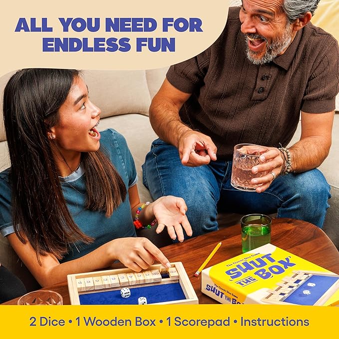 Shut The Box by Relatable, The Classic Choice for Tabletop Games, Math Games, Board Games for Kids and Adults, and Strategy Games, Includes 2 Dice, 1 Wooden Box, 1 Scorepad, and Instructions