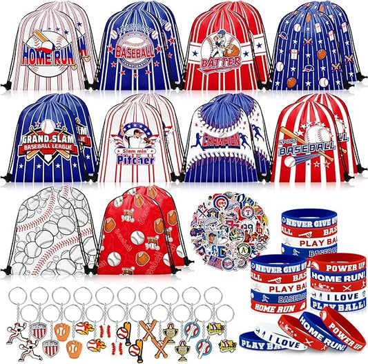 110 Pcs Baseball Party Favors Drawstring Bags with Keychains Silicone Bracelets Stickers Baseball Goodie Bags Gift Bags for Sports Birthday Party Supplies Baseball Themed