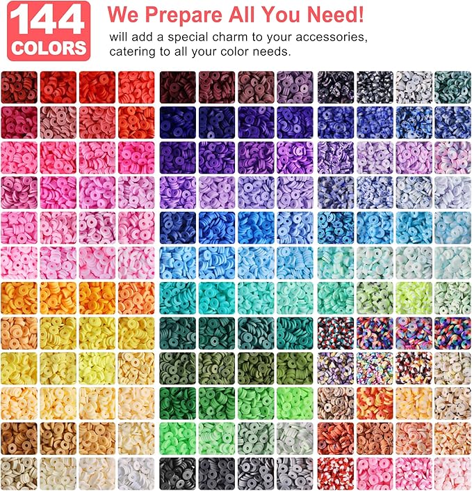 Redtwo 23000 Pcs Clay Beads Bracelet Making Kit 144 Colors 7 Boxes Flat Polymer Heishi Beads Set for Friendship Jewelry Making with Pendant Charms Crafts Gifts for Girls Ages 6-12 Kids Adults