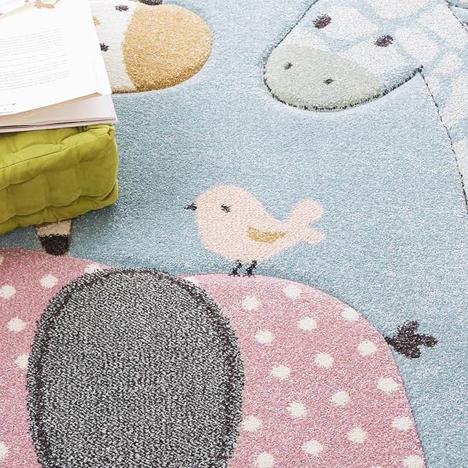 SAFAVIEH Carousel Kids Collection Area Rug - 5'3" x 7'6", Blue, Animal Design, Ideal for High Traffic Area for Boys & Girls in Playroom, Nursery, Bedroom (CRK120K-5)