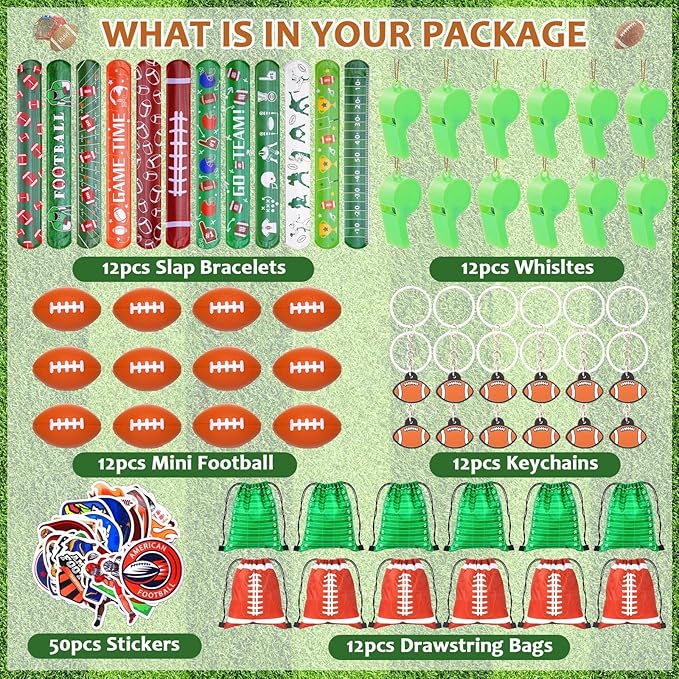 110 Pcs Football Party Favors for Kids 12 Sets Football Party Supplies Drawstring Bag Backpack with Keychains Mini Football Stress Balls Goodie Bag Stickers Toy Presents Gift Set Slaps Bracelets