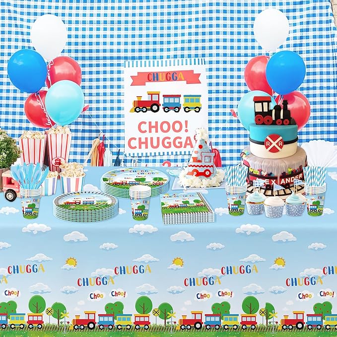 Train Birthday Plates And Napkins Party Supplies Dinnerware, Train Birthday Decorations, Plate, Cup, Napkin, Fork, Train Theme Chugga Choo Party Supplies For 1st 2nd 3rd Birthday | 24 Guests