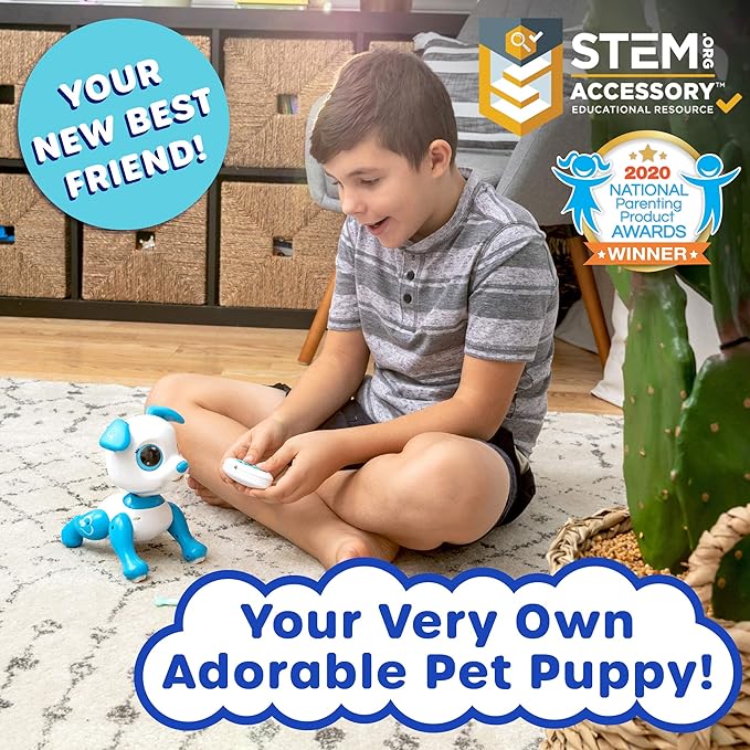 Robo Pets Robot Dog Toy for Girls and Boys - Remote Control Toy Puppy with LEDs, Sound FX, Interactive Hand Motion Gestures, STEM Toys Programmable Treats, Dancing and Walking RC Robot for Kids (Blue)