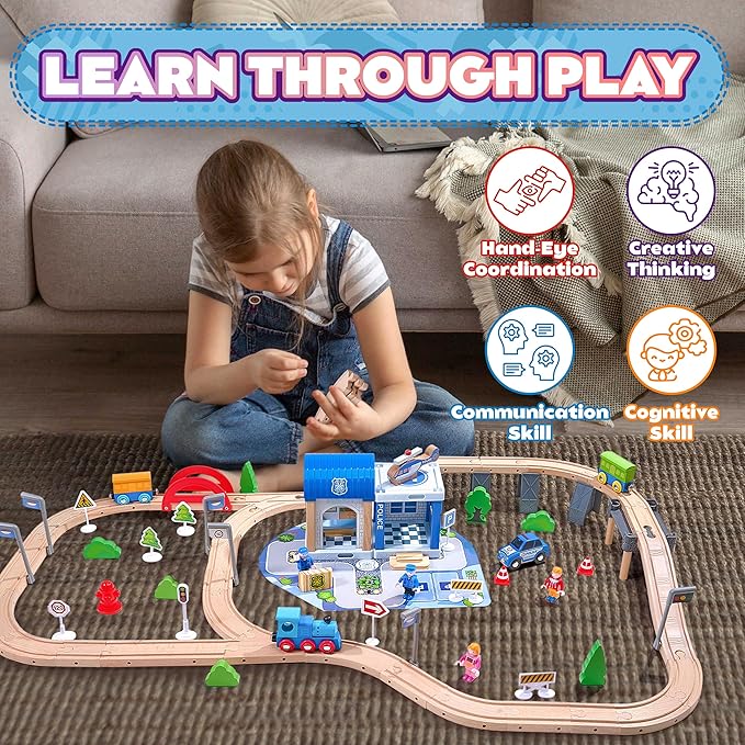 102Pcs Wooden Train Set for Toddlers, Wooden Train Track - Expandable and Changeable, Safe Educational Train Toys Gift for Boys & Girls Kids Ages 3-5 4-8, Compatible with All Major Brands