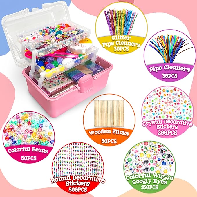 LINAYE 2500+PCS Arts and Crafts Supplies for Kids, DIY Craft Supplies Kit Box for Ages 6-8, Arts and Crafts Kit for Kids, Crafting Supply Set for Girls Boys Birthday Christmas Gifts, Pink