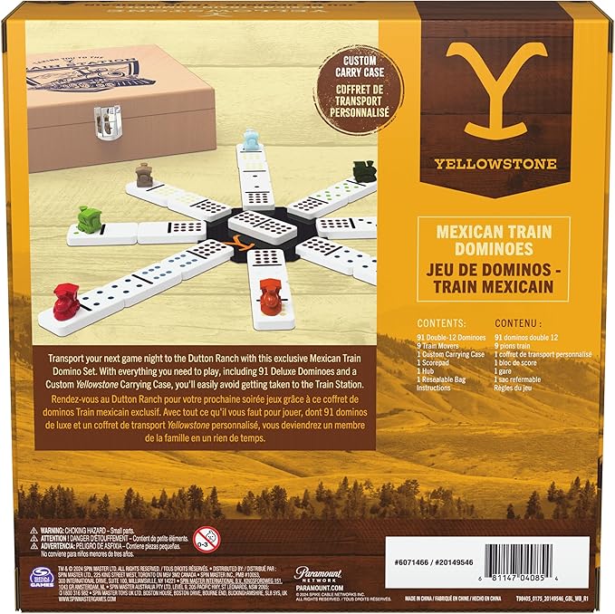 Spin Master Games, Yellowstone Mexican Train Dominoes Set, Classic Tile Board Game in Wood Case for Family Game Night, Modern Dominoes, for Adults and Kids, 2-8 Players Ages 8 & Up