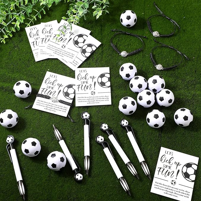 80 Pcs Soccer Team Gifts Set Bracelets Soccer Ball Ballpoint Pens Foam Stress Balls Kick Up Cards Adjustable Bracelets for Sports Reward Birthday Party Supplies