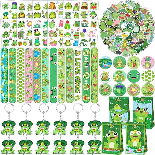110 PCS Frog Party Favors, Frog Temporary Tattoos Slap Bracelets Keychains Stickers Badges Gift Bags for Frog Birthday Party Decorations Supplies Gifts for Kids Classroom Rewards Baby Shower