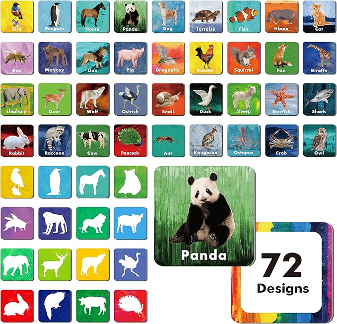 Hebayy 108 PCS Memory Matching Game, 72 Animal Cards & 36 Shadow Cards Matching Cards 36 Pairs Real Animal for Toddlers, Preschool, Kids 4 5 6 Years Old (2” x 2”)