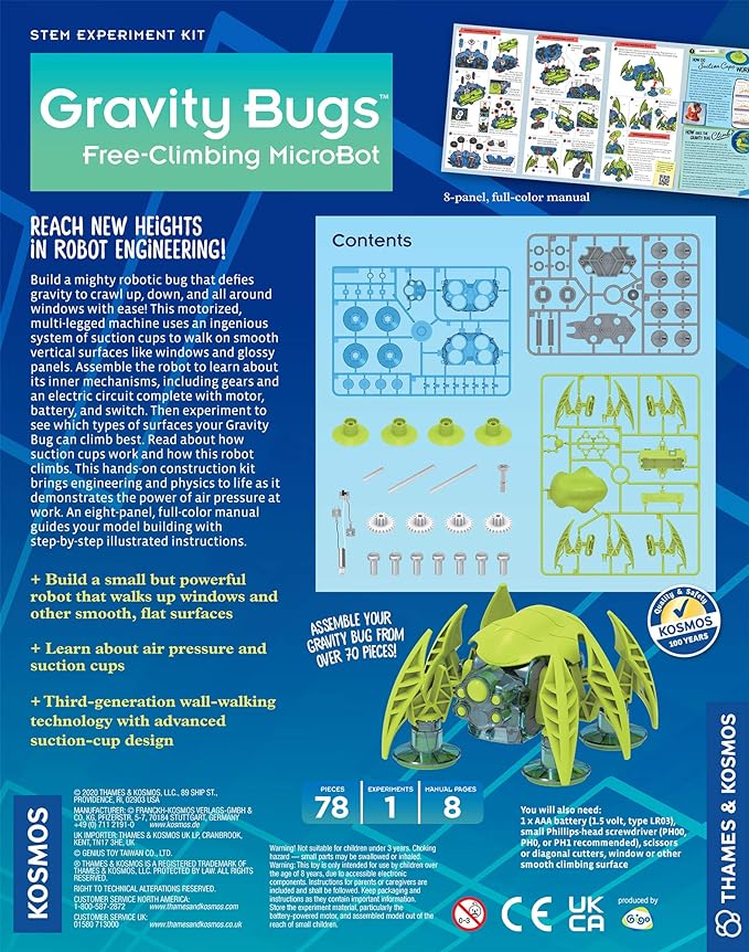 Thames & Kosmos Gravity Bugs Free-Climbing MicroBot | Build a Robotic Wall-Crawling Bug | Explore STEM Lessons in Air Pressure, Suction | Hands-on Physics & Engineering Construction Kit, Blue