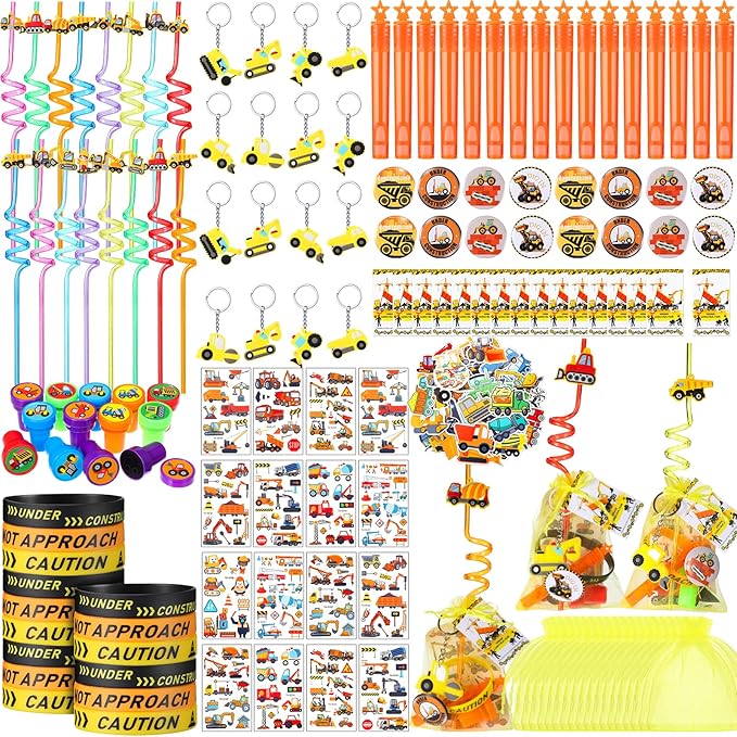 HyDren 194 Pcs Construction Party Favors for 16 People Include Straws Bubble Wands Bracelet Keychain Tattoo Sticker Badge Stamps Cards Organza Bags for Boys Girls Birthday Party Supplies Class Reward