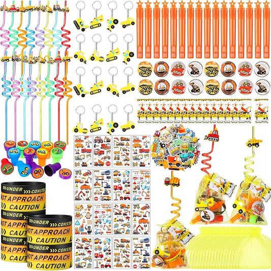 HyDren 194 Pcs Construction Party Favors for 16 People Include Straws Bubble Wands Bracelet Keychain Tattoo Sticker Badge Stamps Cards Organza Bags for Boys Girls Birthday Party Supplies Class Reward