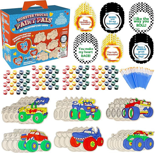 Kids Valentine's Day Cards - Monster Trucks Wood Painting Craft Kits (24ct)- Each Valentines Card Includes Craft w Paints, Brush, and Sticker- Make Classroom School Exchange Gifts Fun for Boys & Girls