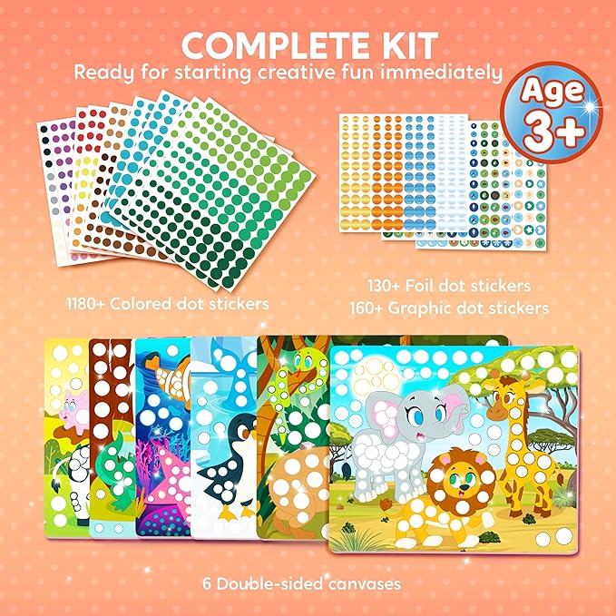Klever Kits Dot Art Kit for Kids, No Mess Sticker for Toddlers 3-7, Craft Kits, DIY Creative Activity, Travel Toy, Birthday Gifts for Boys Girls (Animal)