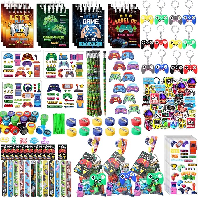 171 Pcs Video Game Party Favors Set Includes Gift Bags Pencils Notebook Sharpener Slap Bracelets Rings Keychains Tattoo Gaming Stickers Stamper Gamer Party Favors for Kids Gamer Birthday