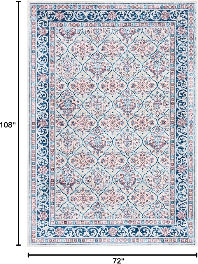 SAFAVIEH Brentwood Collection 6' x 9' Beige / Navy BNT870B Oriental Damask Trellis Non-Shedding Living Room Bedroom Dining Home Office Area Rug