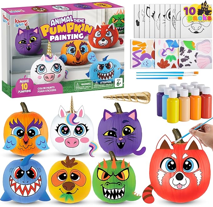 Klever Kits Halloween Pumpkin Decorating Kit, Halloween Party Supplies Arts Crafts, Party Favor for Kids, DIY Pumpkin Painting Kit with 10 Animal Designs, Coloring Craft Games Classroom Activities