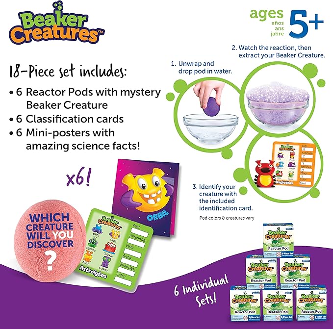 Learning Resources Beaker Creatures Reactor Pods,6 Pack, Ages 5+,Series 1, STEM Certified Science Toy, Fun Experiments For Kids