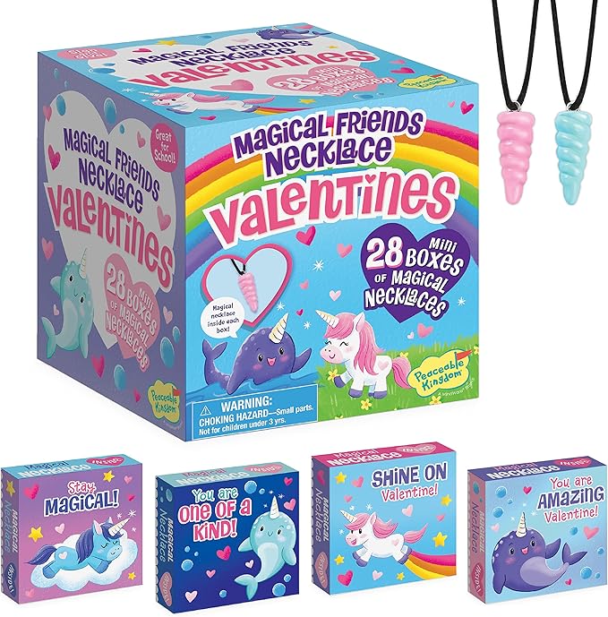 Peaceable Kingdom Valentines Cards for Kids Classroom, Set of 28 Valentines Day Gifts - Magical Friends Unicorn and Narwhal Horn Necklaces