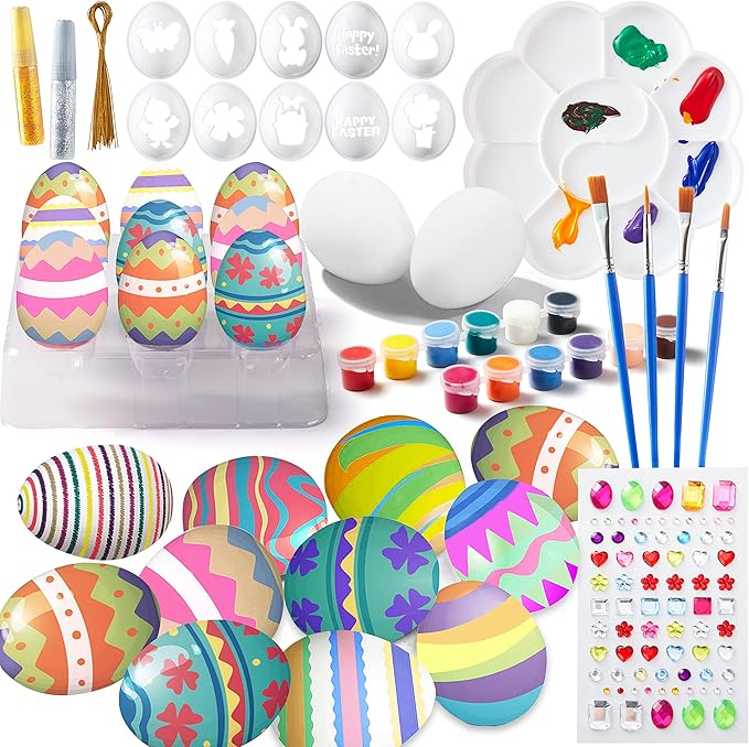 Klever Kits 24Pcs Easter Eggs Painting Kit Easter Egg Coloring Craft DIY Doodle for Kids with Stickers and Stencils for Theme Party, Creativity Activities, Decoration