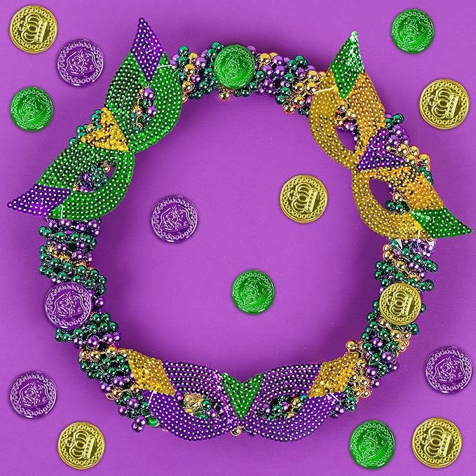 Winlyn 128 Pcs Mardi Gras Accessories Set Bulk Party Favors Supplies Mardi Gras Beads Necklaces Coins Head Boppers Bracelets Tattoos Purple Green Gold for Mardi Gras Masquerade Parade Décor