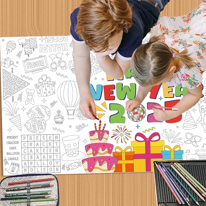 YQUQWN Giant Happy New Year 2025 Coloring Poster - 35.5×72 Inch Disco Ball Poster Tablecloth - Happy New Years Eve Crafts Party Favors - 2025 New Year Kids Activities Party Decoration Supplies