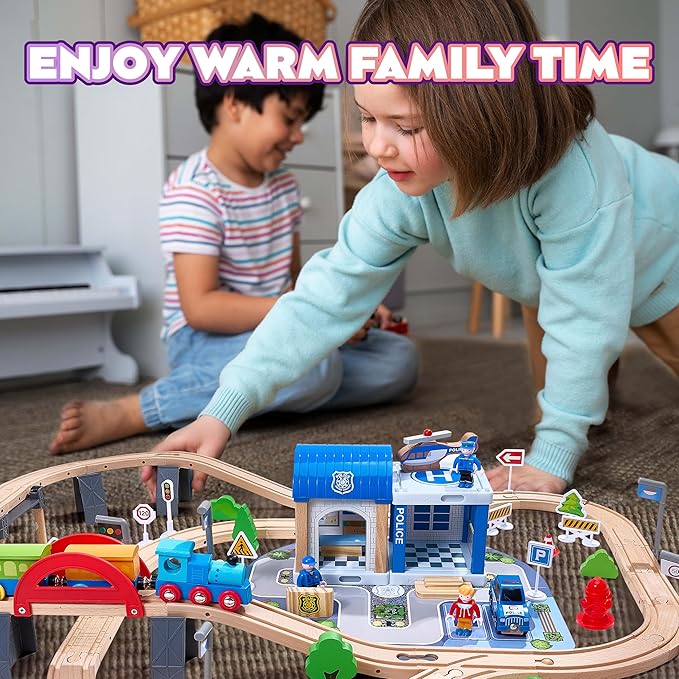 102Pcs Wooden Train Set for Toddlers, Wooden Train Track - Expandable and Changeable, Safe Educational Train Toys Gift for Boys & Girls Kids Ages 3-5 4-8, Compatible with All Major Brands