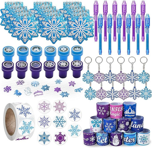 Snowflake Birthday Party Favors Supplies Kids Girl Winter Party Decorations Set Include 12 Invisible Ink Pen,12 Mini Notebook,12 Slap Bracelets,12 Silicone Keychains, 12 Stampers,1 Snowflake Sticker