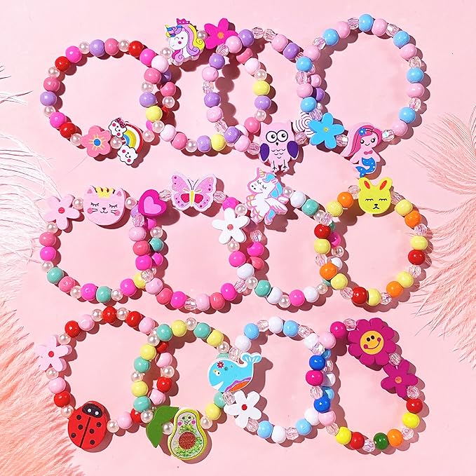 12 PCS Girls Bracelet for Kids Unicorn Mermaid Wooden Beaded Bracelets Birthday Party Favors Goodies Bag Stuffers Fillers Cute Pinata Stuffers Rainbow Butterfly Heart Jewelry Gifts
