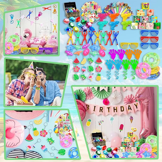 Pool Party Favors Summer Goodies Bracelets Stickers Gifts Pinata Filler Bulk for Summer Party Kid Hawaiian Flamingo Birthday Party Stuffers Supplies (Style 01)
