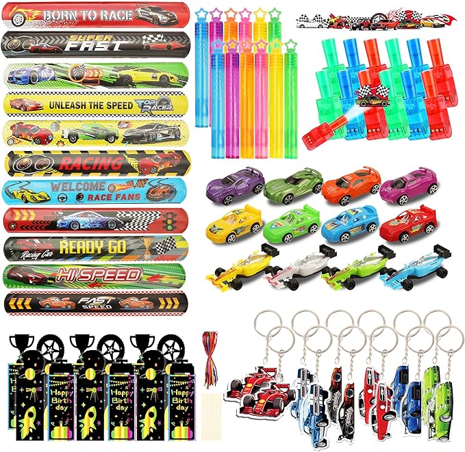108PCS Race Car Party Favors Birthday Party Supplies includes Pull Back Car Finger Light Scratch Art Bookmark Slap Bracelet Race Car Themed Decorations Treasure Prize Box Toys for Boys Girls
