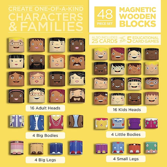 48-Piece Multiracial Family Play Set β Magnetic Wooden Diversity Building Blocks for Kids β SEL Toy Promoting Cultural Inclusion, Self-Esteem, and Eco-Friendly Play