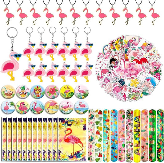 110 PCS Flamingo Party Favors Pink Flamingo Goodie Bags with Keychains, Stickers, Slap Bracelets, and Bags for Flamingo Themed Birthday Party Hawaiian Aloha Party
