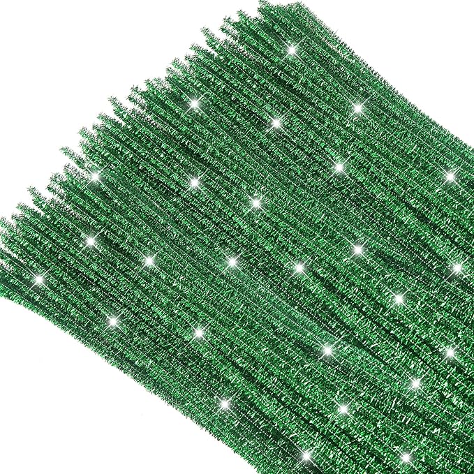 TOAOB 100pcs Christmas Glitter Pipe Cleaners Green Metallic Pipe Cleaners Craft Supplies 6mm x 12 Inch Chenille Stems Pipe Cleaners for Art DIY Crafts Decorations