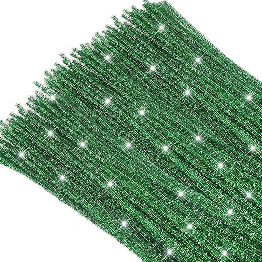 TOAOB 100pcs Christmas Glitter Pipe Cleaners Green Metallic Pipe Cleaners Craft Supplies 6mm x 12 Inch Chenille Stems Pipe Cleaners for Art DIY Crafts Decorations