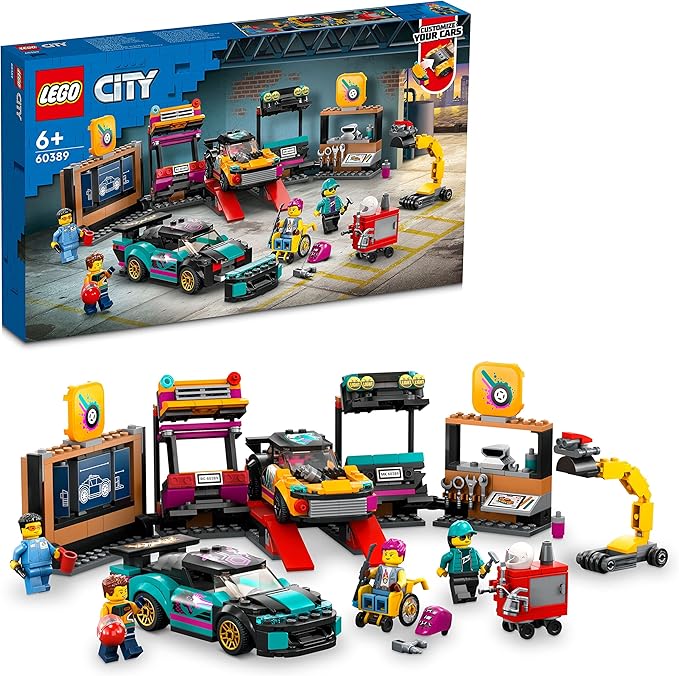 LEGO City Custom Car Garage, Toy Garage Building Set with 2 Customizable Cars, Pretend Play Mechanic Toy with 4 Mini Figures, Birthday Gift Idea for Boys, Girls, Kids Who Love Cars Age 6+, 60389