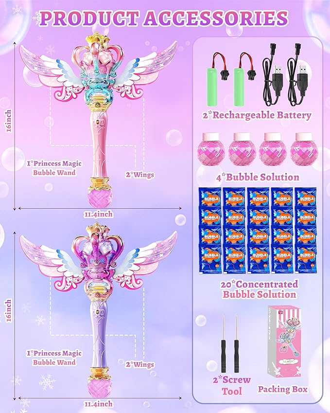 Uregoio 2 Pack Princess Bubble Wands Machine for Girls with Rotating Design, Outdoor Bubble Maker Toys for Kids Ages 4-8, Rechargeable Light & Music Fairy Wands for Party Birthday(Pink & Purple)