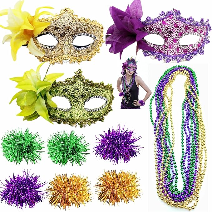 Qiandier 18pcs Mardi Gras Masks Bead Necklaces Bracelet Feathers Women Masquerade Party Mask Purple Green Gold