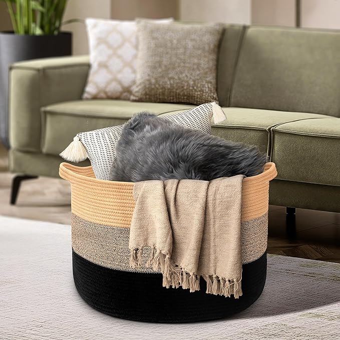 Maliton Large Woven Blanket Basket, 22" X 22" X 14" Storage Baskets for Organizing, Round Cotton Rope Toy Basket for Living Room, Bedroom- Rope Laundry Hamper with Handles - Nursery Bin