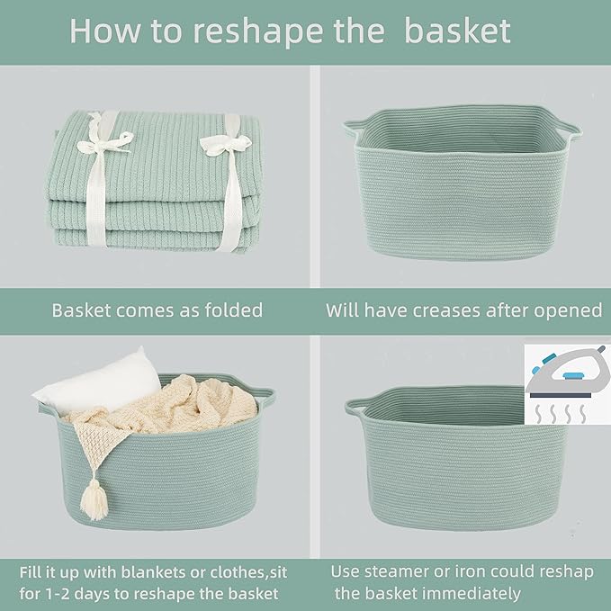 XUANGUO Large Rectangle Blankets Basket Living Room 22"x17"x12" Woven Cotton Rope Storage Baskets for Nursery Toy Baskets for Kids and Dogs Wicker Laundry Basket Bin for Clothes Towels green